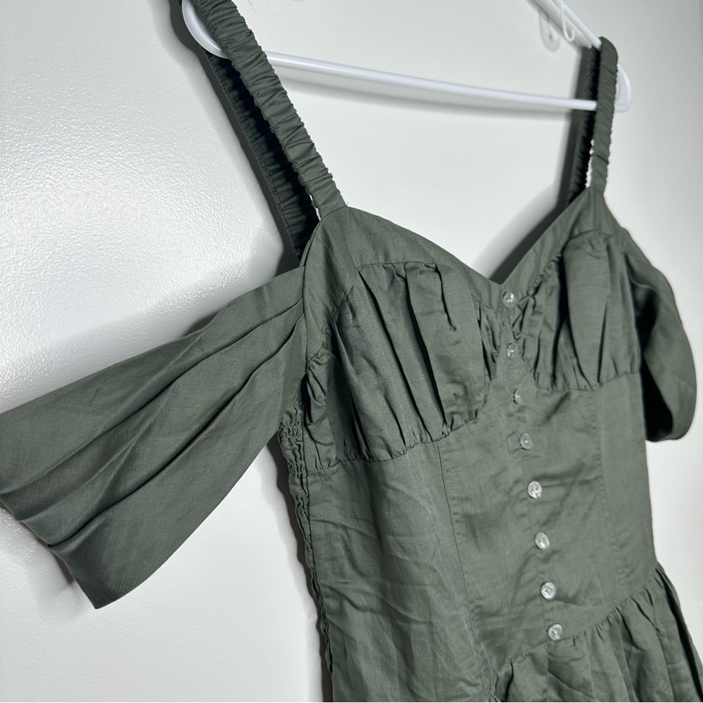Anthropologie Off-The-Shoulder Linen Mini Dress In Green Size Small NWT - Picture 4 of 11
